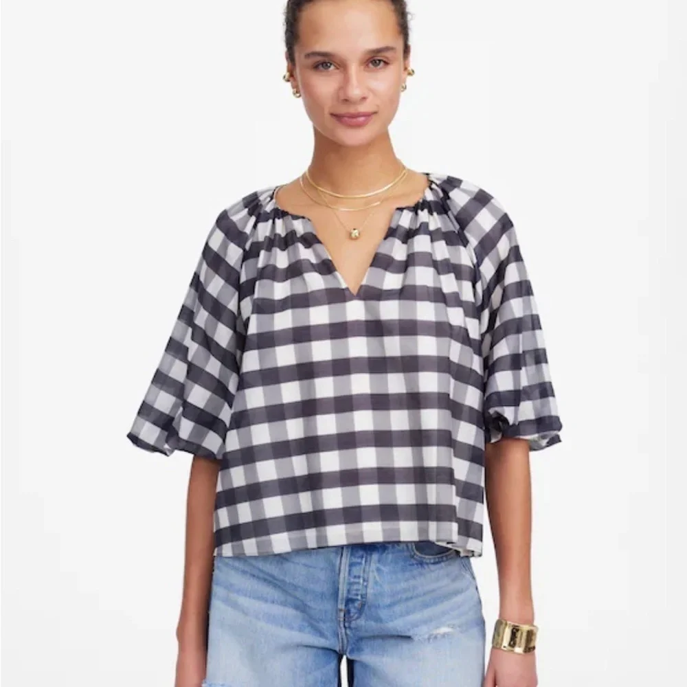 Madewell Bubble-Sleeve Top black white plaid